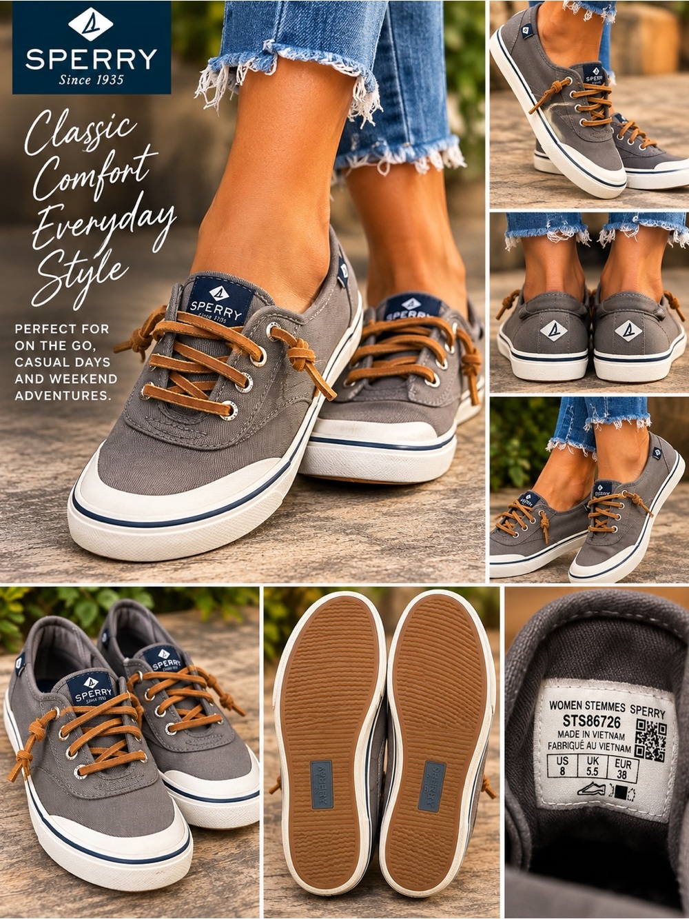 Sperry Gray Canvas Boat Shoe with Brown Laces size 6